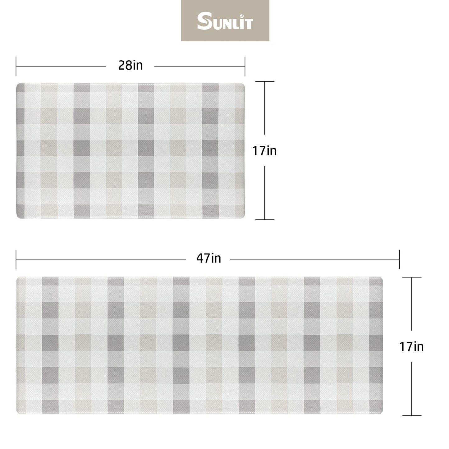Sunlit Set of 2 Anti Fatigue Kitchen Floor Mat, Non Slip Waterproof Comfort Standing Mat, 0.4 Inch Thick Cushioned Farmhouse Kitchen Rug Runner, White Red Buffalo Check (17"x28"&17"x47")