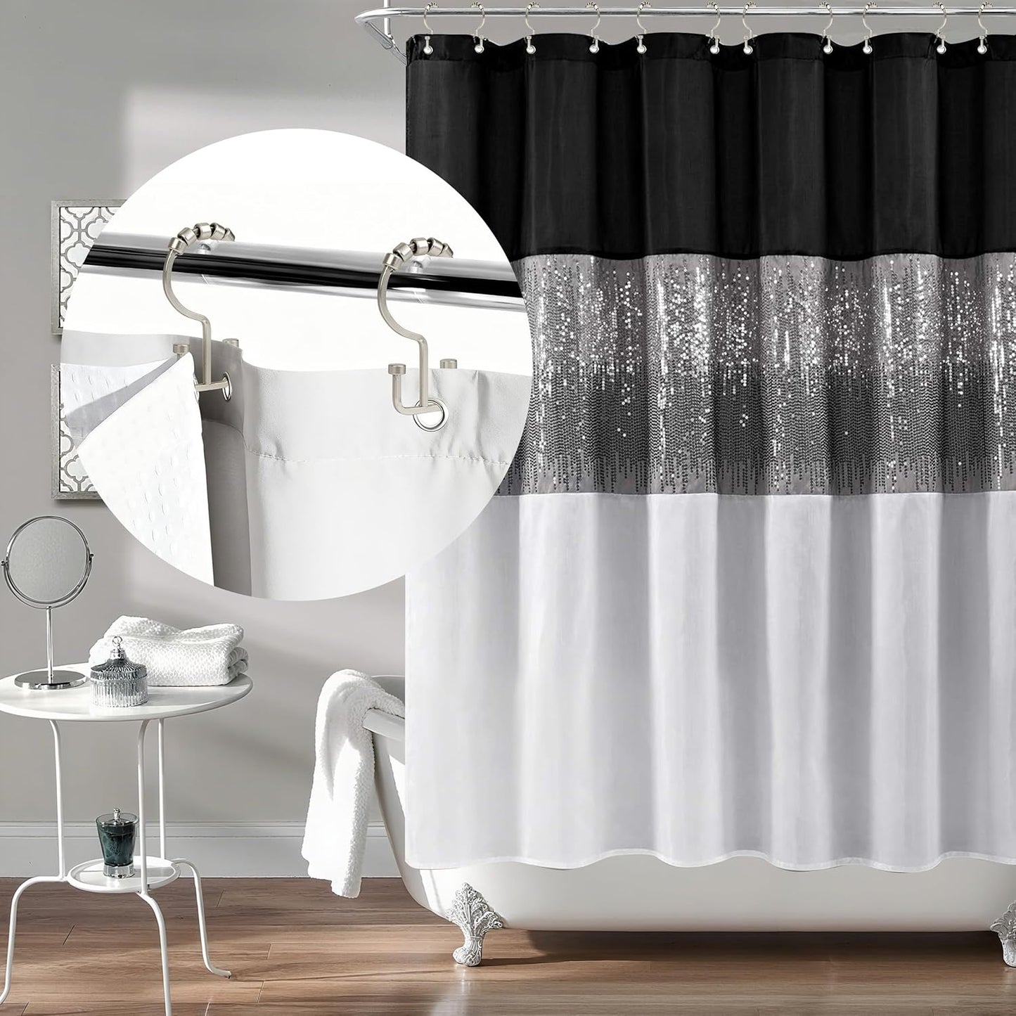 Sunlit Satin Nickel Double Shower Curtain Hooks, Home Decorative Shower Curtain Rings for Bathroom, Metal, Double Glide Shower Curtain Hanger Hooks for Living Room, Set of 12