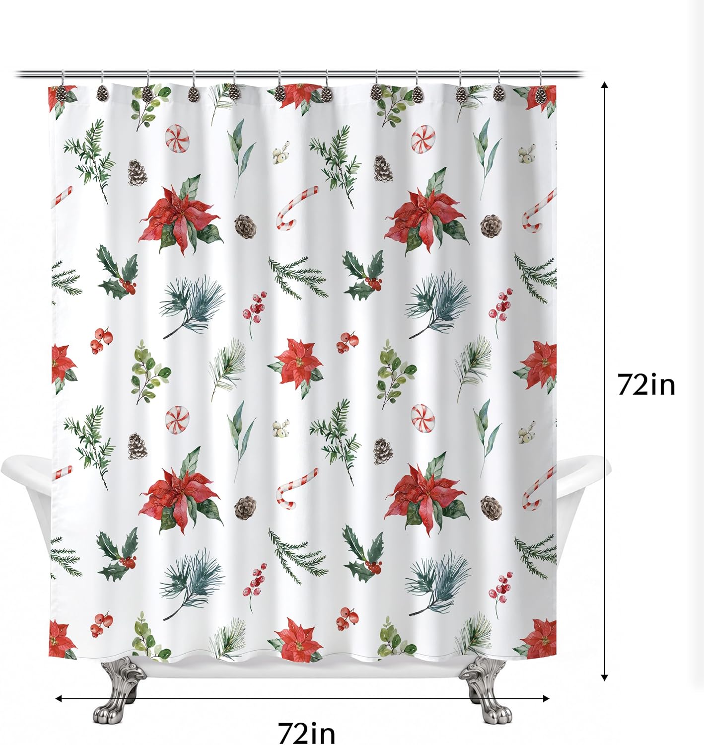 Sunlit Christmas Shower Curtain, Festive Poinsettia and Pine Botanical Holiday Print with Candy Cane Accents, Winter Farmhouse Bathroom Decor, 72" x 72"