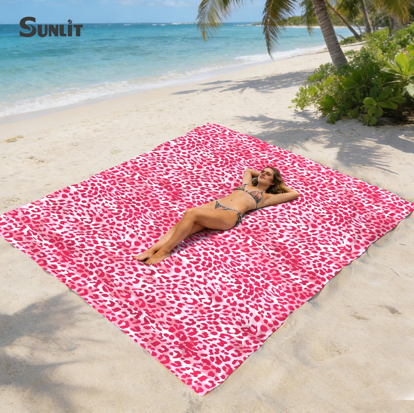 Sunlit Large Cheetah Beach Blanket Waterproof Sand Proof, 81" x106" Sand Free Beach Mat with Corner Pockets and Storage Bag, for Travel Beach Camping Outdoor Festival, Black Pink Leopard