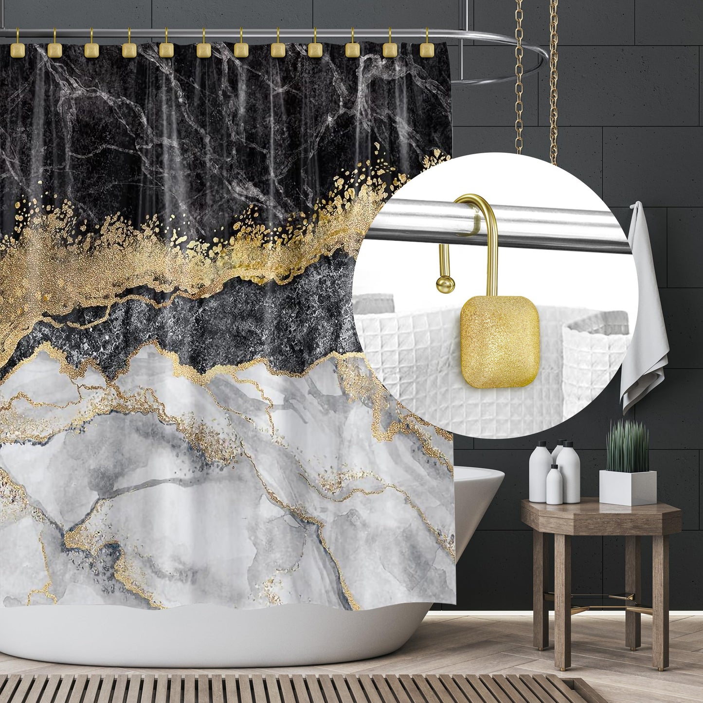 Sunlit Gold Shower Curtain Hooks, Square Metal Home Decorative Shower Curtain Rings for Bathroom, Modern Shower Curtain Hangers Bathroom Accessories, Set of 12