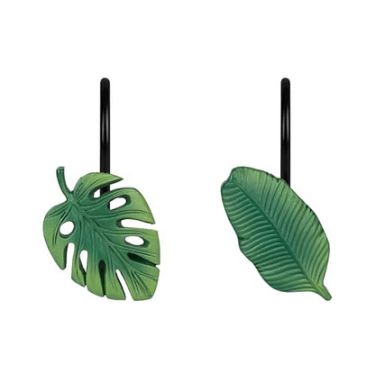 Tropical Leaf Decorative Shower Curtain Hooks, Green Botanical Shower Curtain Rings with Black Hooks, Resin, Monstera Deliciosa Leaves Shower Curtain Hangers for Bathroom, Set of 12