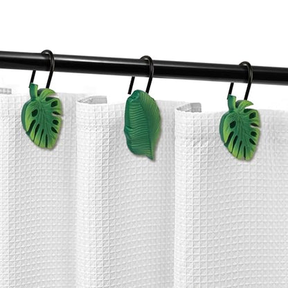 Tropical Leaf Decorative Shower Curtain Hooks, Green Botanical Shower Curtain Rings with Black Hooks, Resin, Monstera Deliciosa Leaves Shower Curtain Hangers for Bathroom, Set of 12