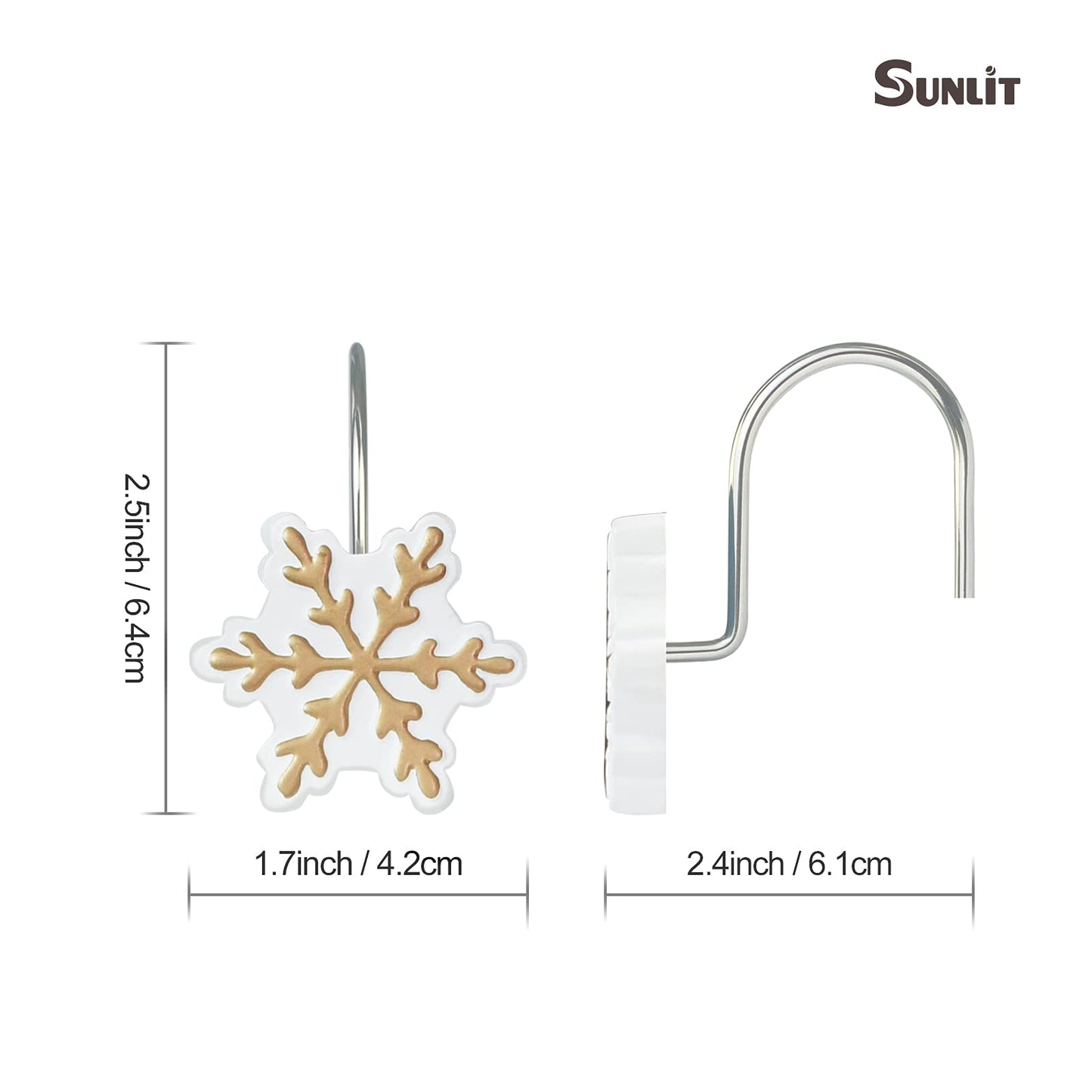 Sunlit Christmas Shower Curtain Hooks Silver Snowflakes Shower Curtain Rings, Resin, White Christmas Decor, Winter Bathroom Decoration - 12 Pack