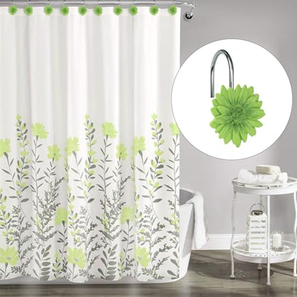 Sunlit Green Daisy Shower Curtain Hooks, Home Decorative Shower Curtain Rings for Bathroom, Resin, Summer Floral Shower Curtain Hanger Hooks for Living Room, Set of 12