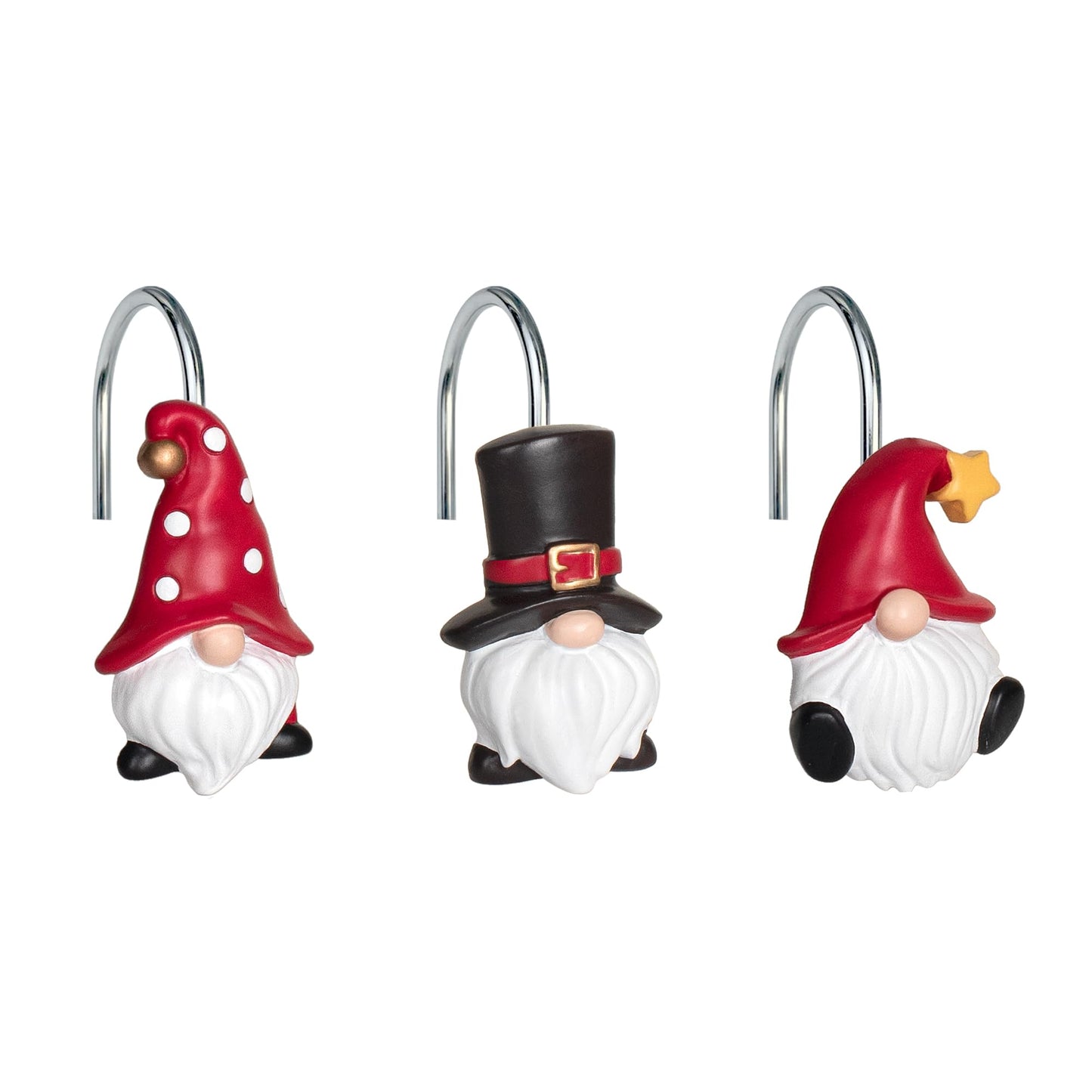 Sunlit Christmas Shower Curtain Hooks, Gnome Shower Curtain Rings, Hand Painted Resin Christmas Decor, Winter Bathroom Decoration, Red Hat with White Polka Dot, Set of 12