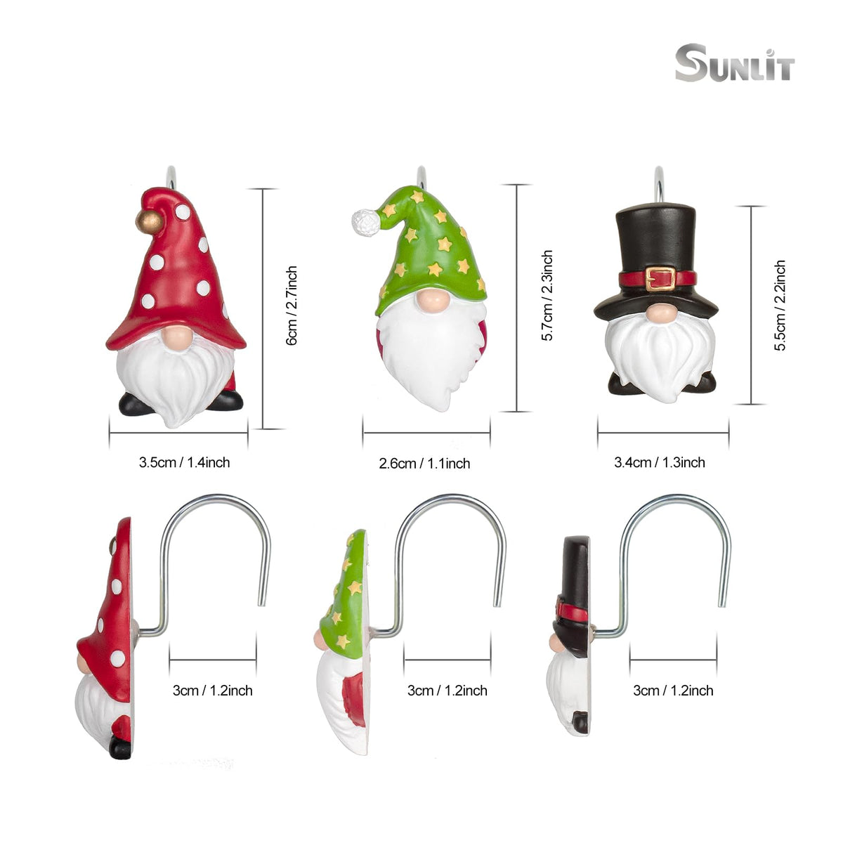 Sunlit Christmas Shower Curtain Hooks, Gnome Shower Curtain Rings, Hand Painted Resin Christmas Decor, Winter Bathroom Decoration, Black Green Red with Star, Set of 12