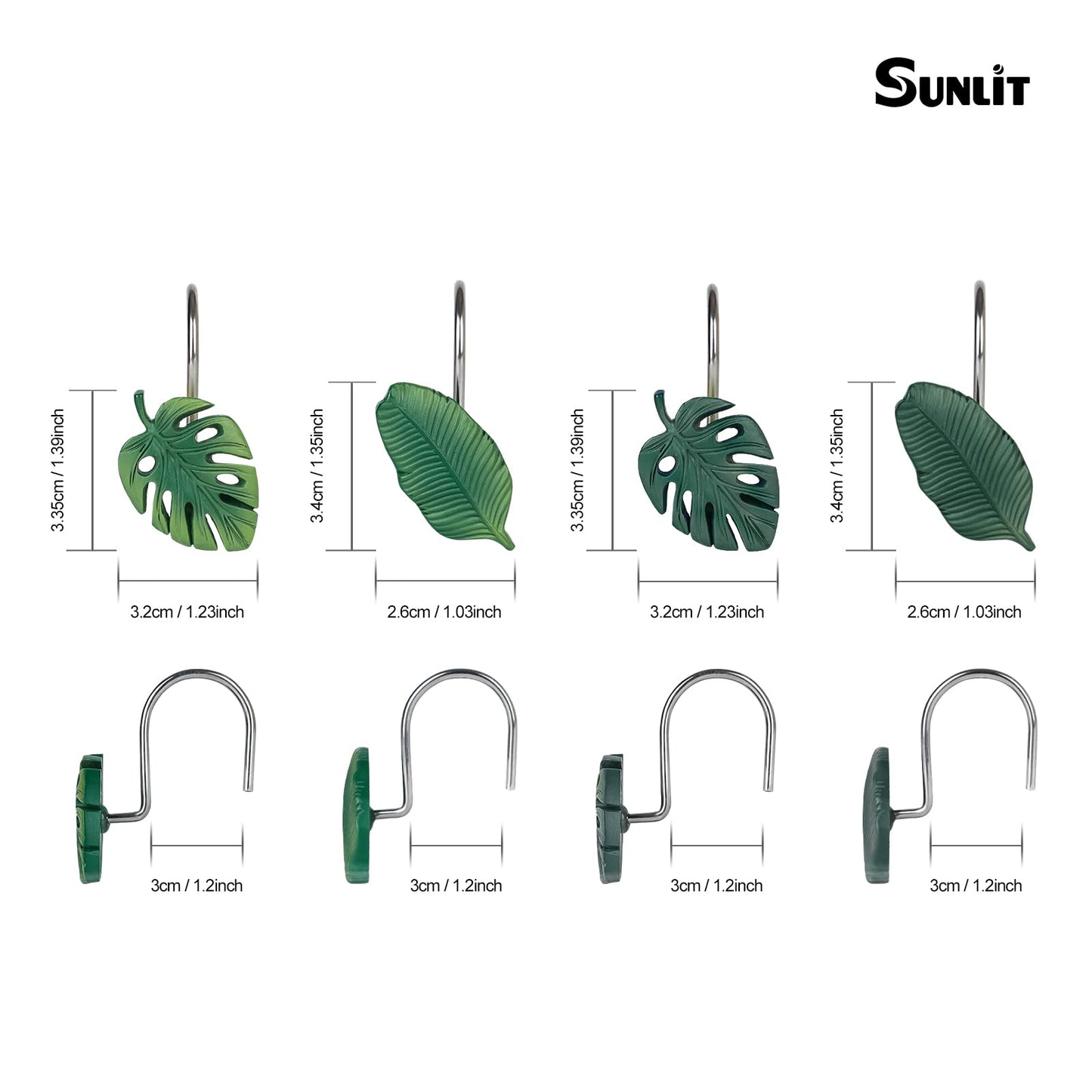 Tropical Leaf Decorative Shower Curtain Hooks, Green Botanical Shower Curtain Rings with Black Hooks, Resin, Monstera Deliciosa Leaves Shower Curtain Hangers for Bathroom, Set of 12