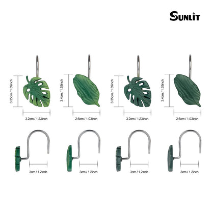 Tropical Leaf Decorative Shower Curtain Hooks, Green Botanical Shower Curtain Rings with Black Hooks, Resin, Monstera Deliciosa Leaves Shower Curtain Hangers for Bathroom, Set of 12
