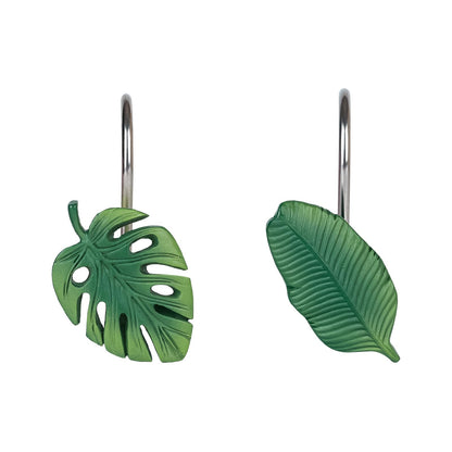 Tropical Leaf Decorative Shower Curtain Hooks, Green Botanical Shower Curtain Rings with Black Hooks, Resin, Monstera Deliciosa Leaves Shower Curtain Hangers for Bathroom, Set of 12