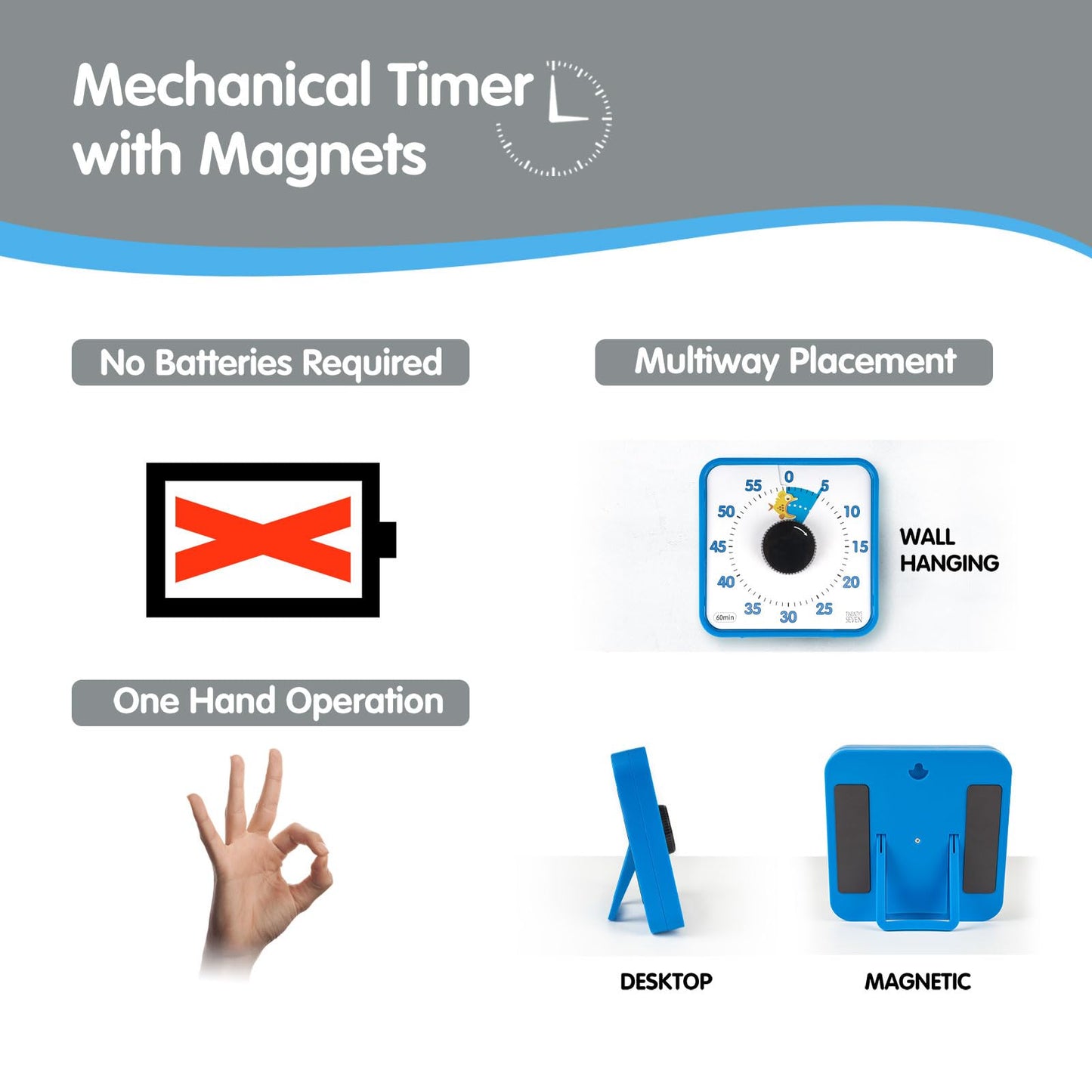 TWENTY5 SEVEN Countdown Timer 7.5 inch; 60 Minute 1 Hour Visual Timer – Classroom Teaching Tool Office Meeting, Mechanical Countdown Clock for Kids Exam Time Management Magnetic, Sky Blue