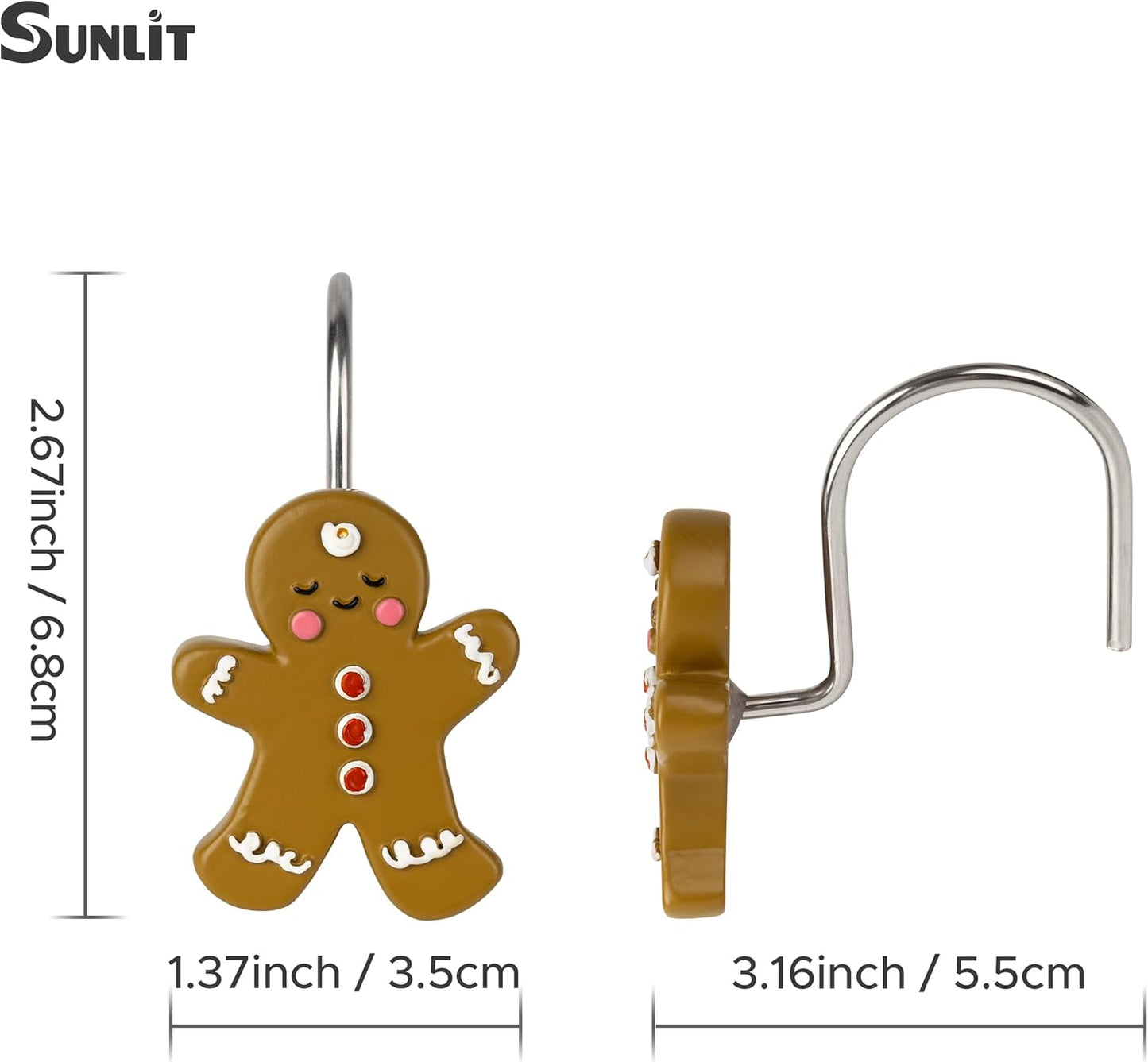 Sunlit Christmas Tree Snowman Decorative Shower Curtain Hooks, Green White Shower Curtain Rings, Resin, Xmas Theme Winter Holiday Bathroom Decoration, Set of 12
