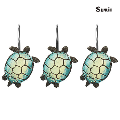 Sunlit Sea Turtle Shower Curtain Hooks, Home Decorative Shower Curtain Rings for Bathroom, Resin, Ocean Shower Curtain Hanger Hooks for Kid Room Living Room, Set of 12