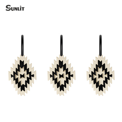 Sunlit Western Shower Curtain Hooks, Aztec Tribal Shower Curtain Hanger Hooks, Decorative Resin Rustic Geometric Curtain Rings for Bathroom, Set of 12, Black and Cream White