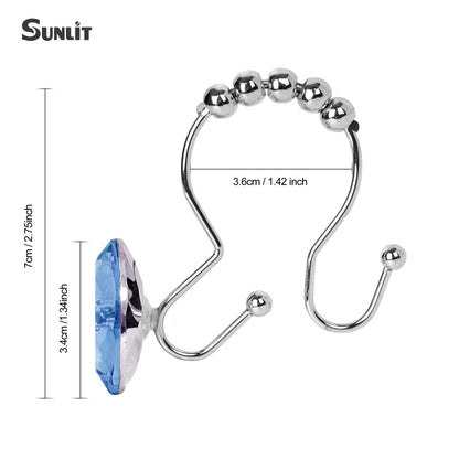 Sunlit Luxury Design Round Yellow Diamond Crystal Gem Bling with Glide Balls Shower Curtain Hooks, Rust Proof Metal Rhinestones Glam Shower Curtain Rings-12 Pack