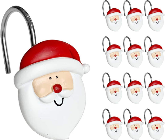 Sunlit Merry Christmas Shower Curtain Hooks Smiling Santa Claus Shower Curtain Rings, Resin, Christmas Decor, Winter Bathroom Decoration - 12 Pack