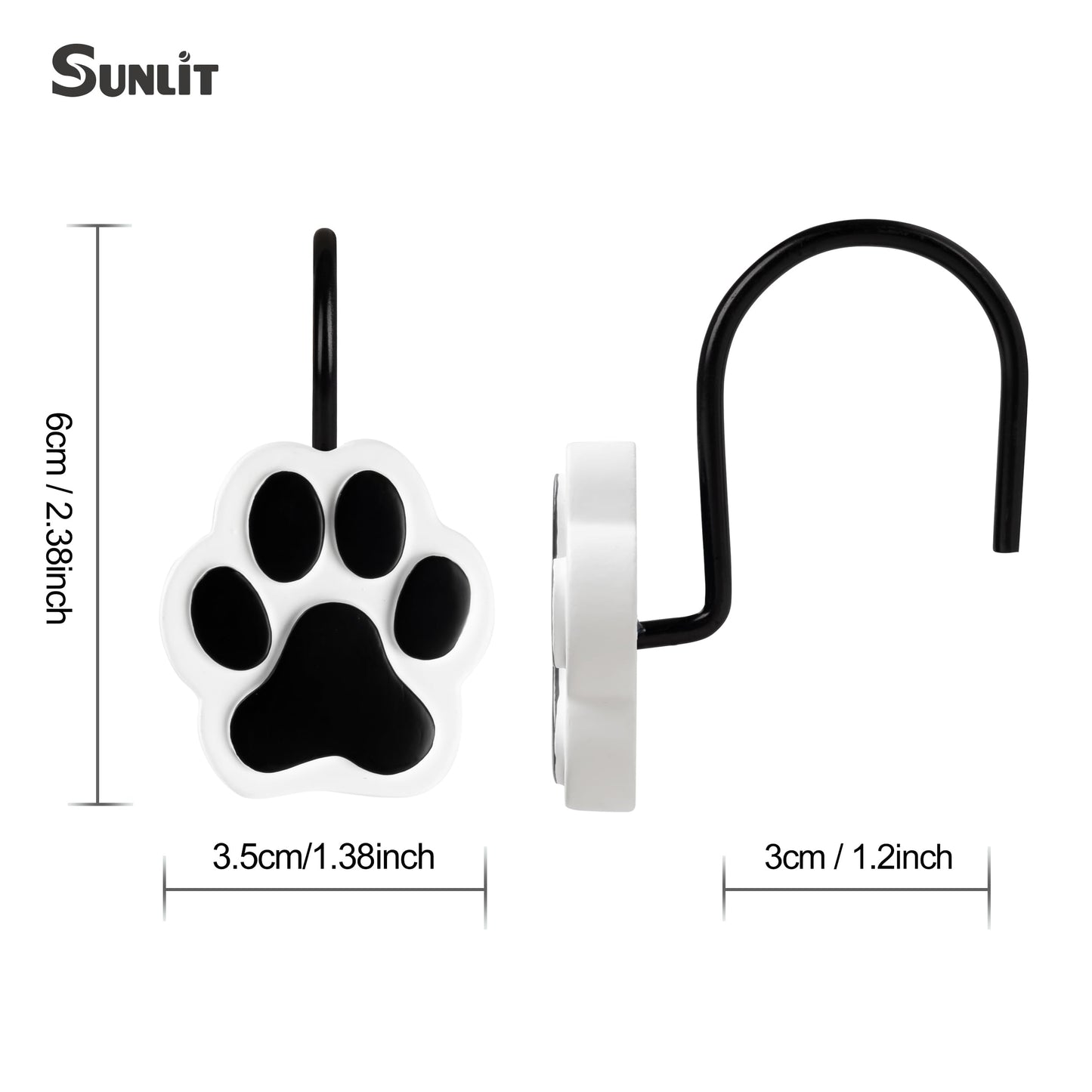 Sunlit Cute Paw Print Decorative Shower Curtain Hooks for Dog Cat Bear, Resin, Lovely Shower Curtain Rings with Black Hooks for Kids, Bathroom Decoration Curtain Hangers, 12 Pack, Black and White