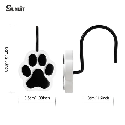 Sunlit Cute Paw Print Decorative Shower Curtain Hooks for Dog Cat Bear, Resin, Lovely Shower Curtain Rings with Black Hooks for Kids, Bathroom Decoration Curtain Hangers, 12 Pack, Black and White