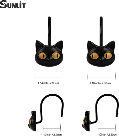 Sunlit Halloween Black Cat Shower Curtain Hooks, Home Decorative Shower Curtain Rings for Bathroom, Shower Curtain Hangers Bathroom Accessories, Set of 12, Classic Meows