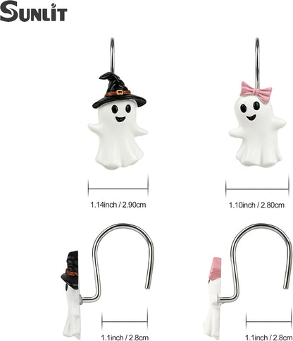 Sunlit Boy and Girl Ghost Shower Curtain Hooks, Home Decorative Shower Curtain Rings for Bathroom, Halloween Cute Ghost Shower Curtain Hangers Bathroom Accessories, Set of 12