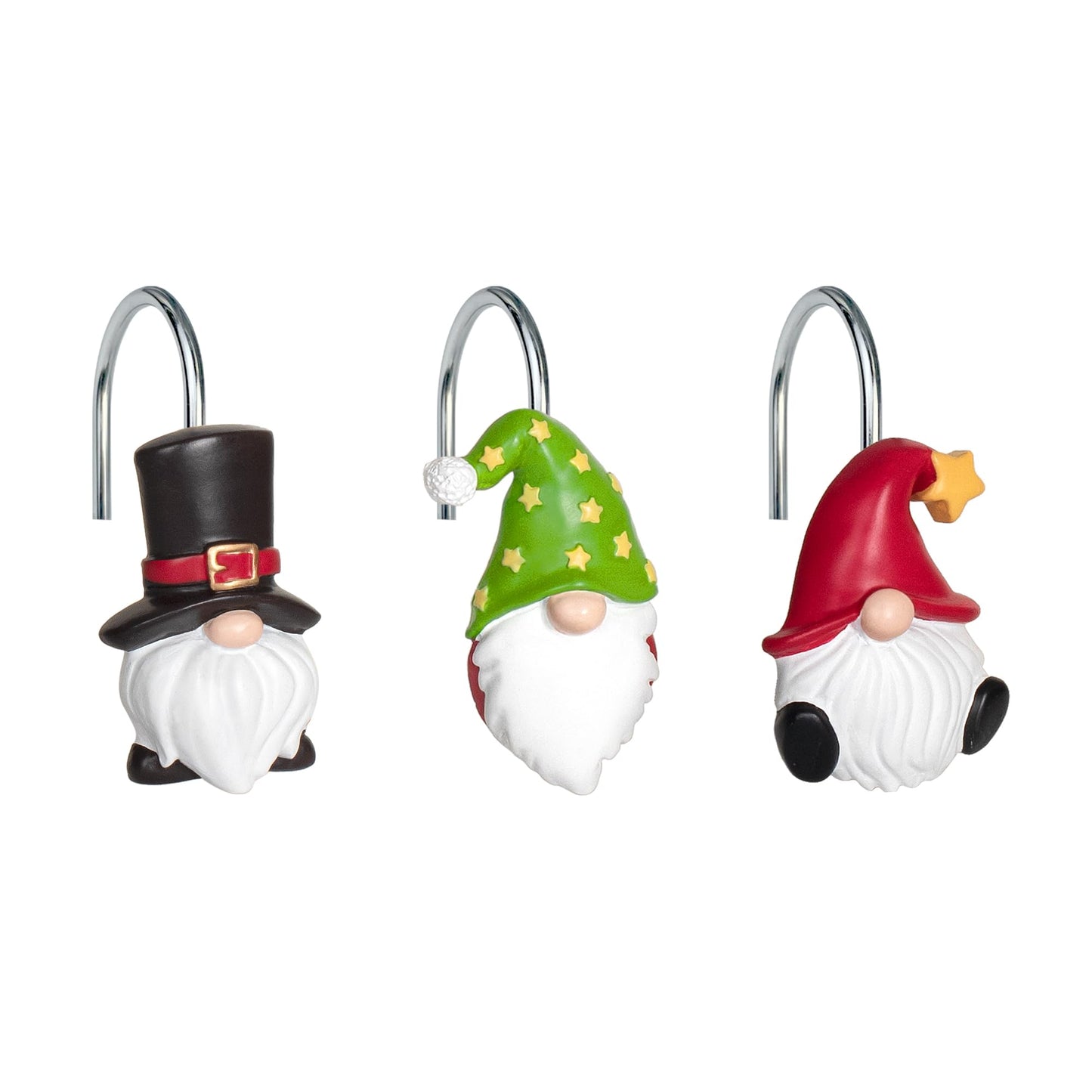 Sunlit Christmas Shower Curtain Hooks, Gnome Shower Curtain Rings, Hand Painted Resin Christmas Decor, Winter Bathroom Decoration, Red Hat with White Polka Dot, Set of 12