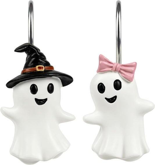 Sunlit Boy and Girl Ghost Shower Curtain Hooks, Home Decorative Shower Curtain Rings for Bathroom, Halloween Cute Ghost Shower Curtain Hangers Bathroom Accessories, Set of 12