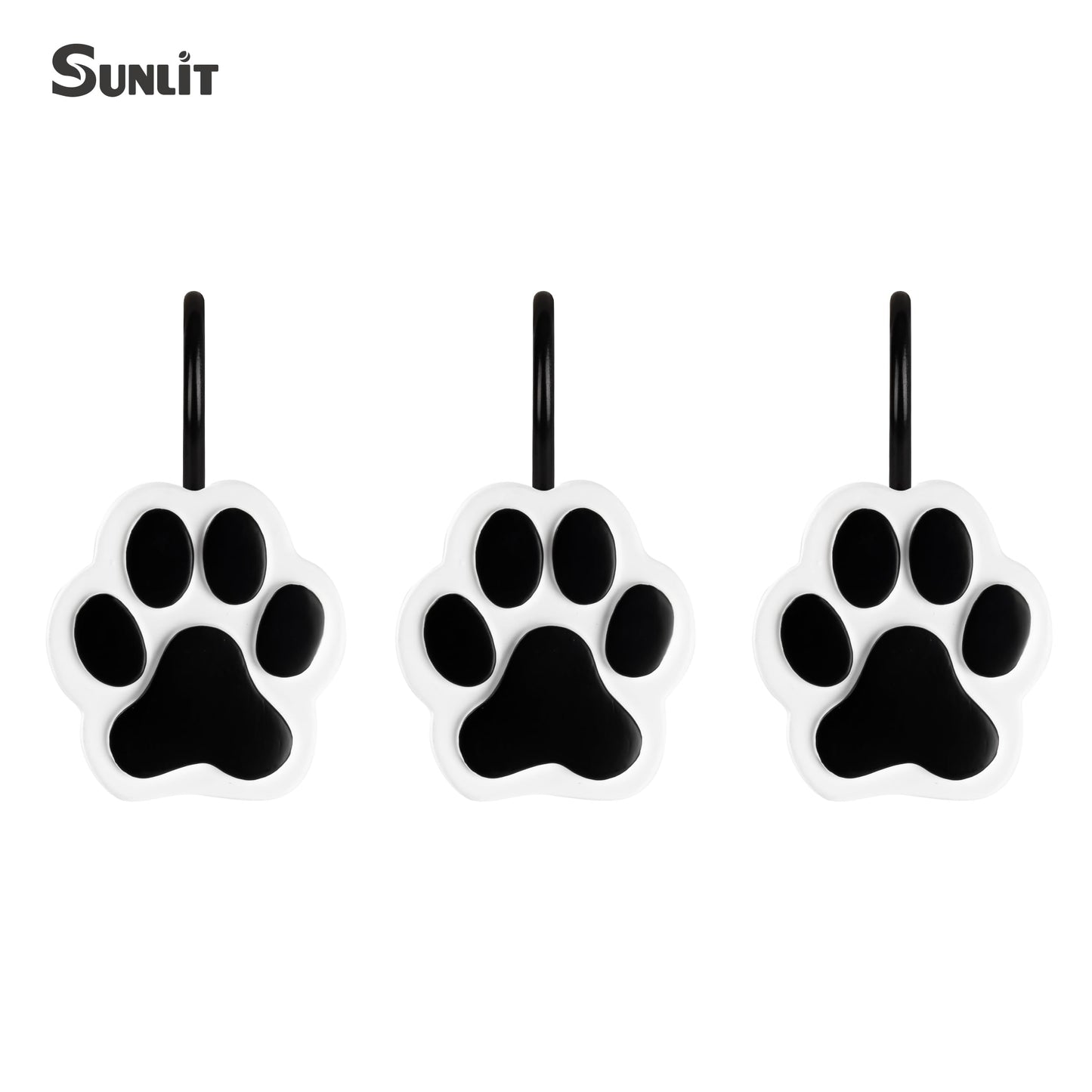 Sunlit Cute Paw Print Decorative Shower Curtain Hooks for Dog Cat Bear, Resin, Lovely Shower Curtain Rings for Kids, Bathroom Decoration Curtain, 12 Pack, Black and White