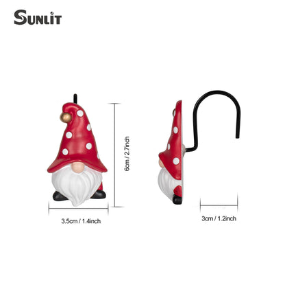 Sunlit Christmas Shower Curtain Hooks, Gnome Shower Curtain Rings, Hand Painted Resin Christmas Decor, Winter Bathroom Decoration, Red Hat with White Polka Dot, Set of 12