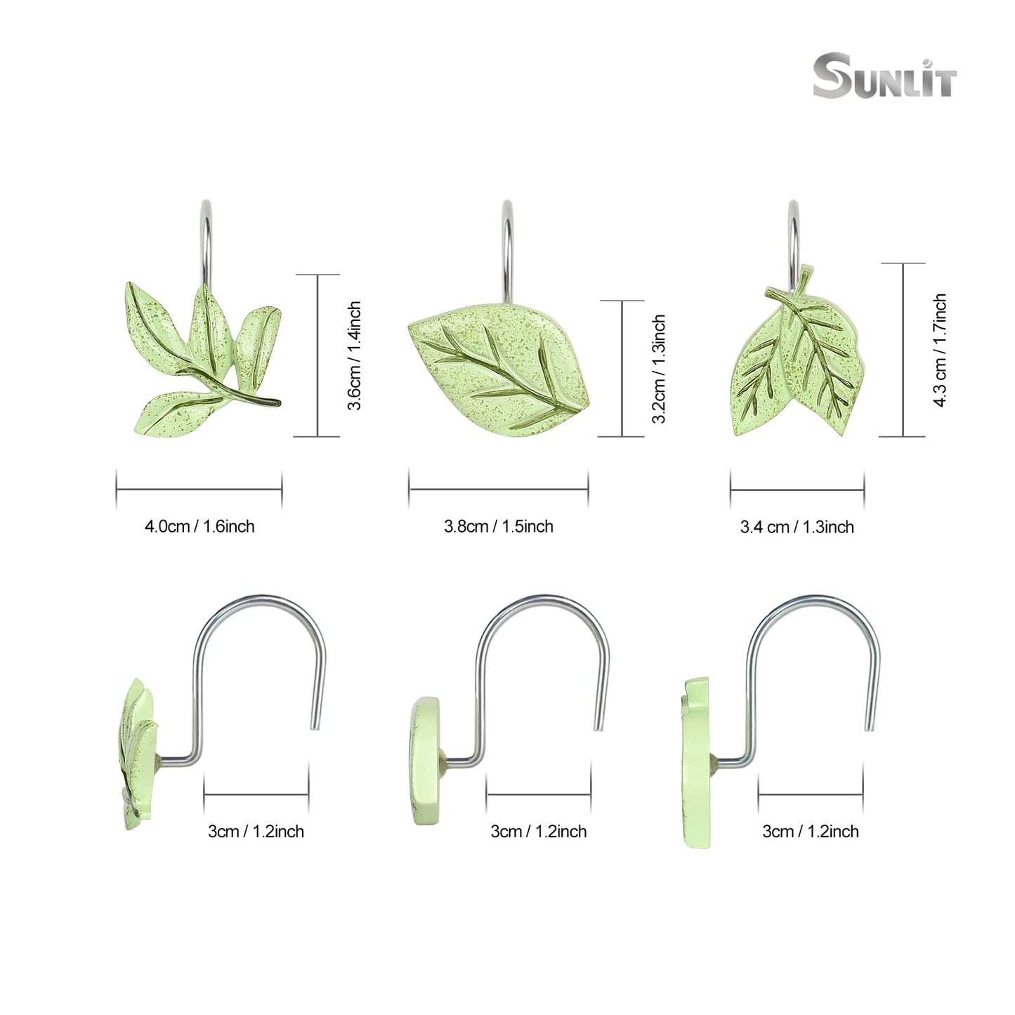 Light Green Plant Leaves Decorative Shower Curtain Hooks, Tropical Botanical Plam Tree Leaf Shower Curtain Rings for Bathroom, Resin, Cute Shower Curtain Hanger Hooks Bathroom Decor, Set of 12