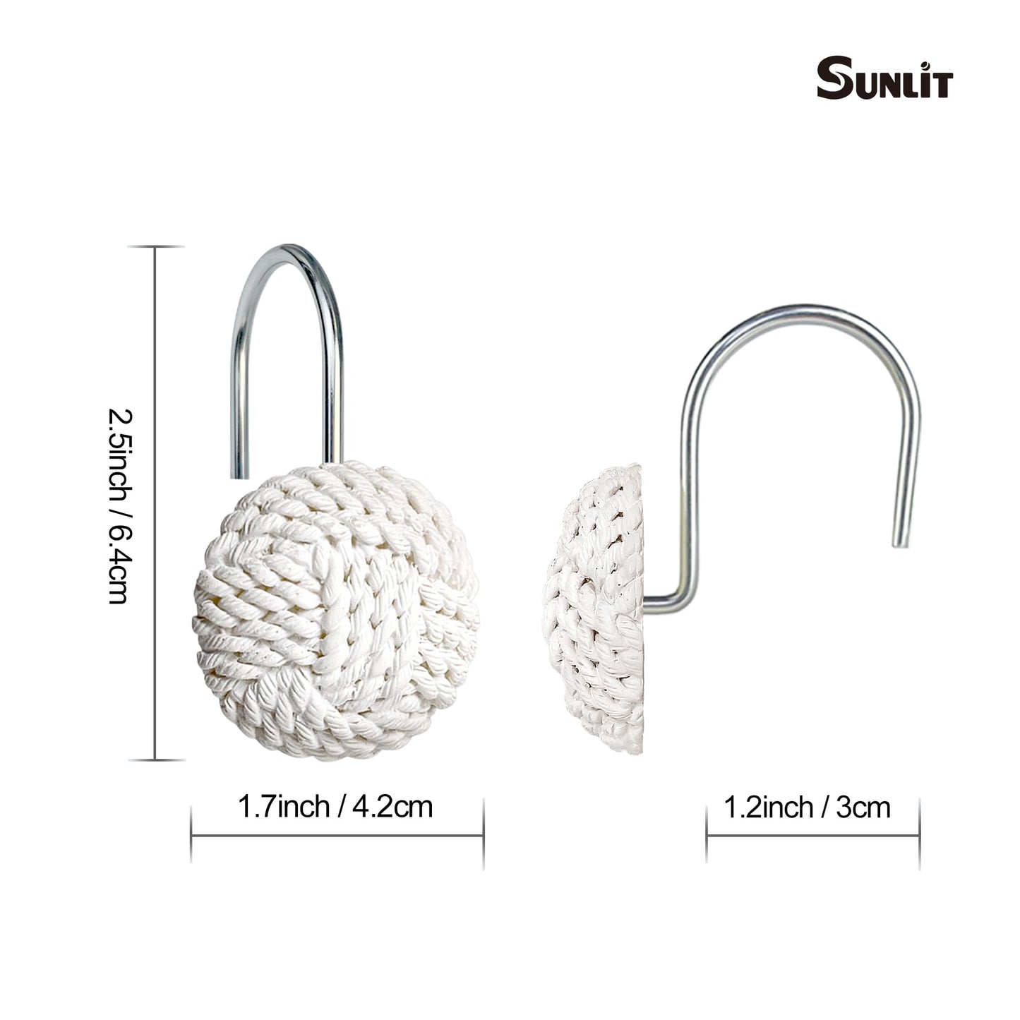Sunlit Boho Knots Double Shower Curtain Hooks, Home Decorative White Shower Curtain Rings for Bathroom, Seaside Nautical Shower Curtain Hangers Bathroom Accessories, Set of 12