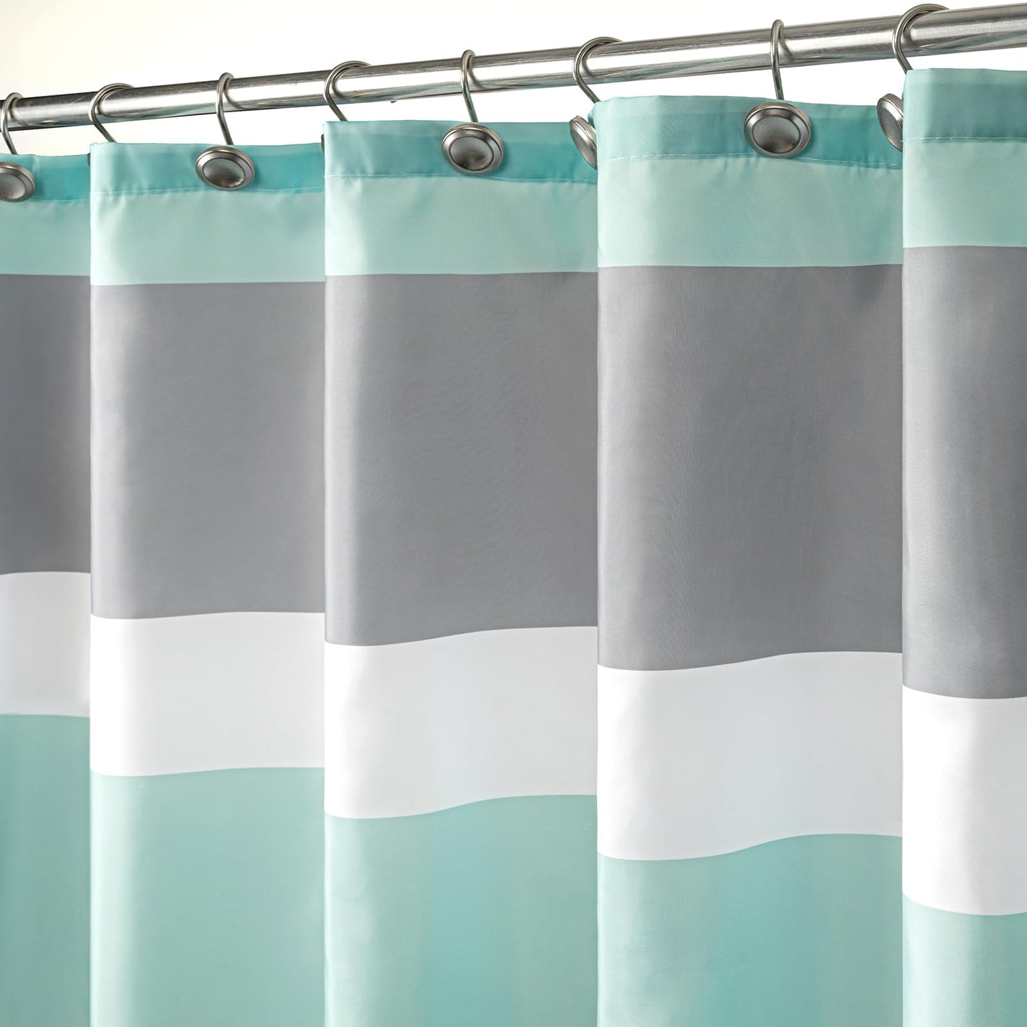 Sunlit Sage Green Gray Horizontal Stripes Water-Repellent Fabric Shower Curtain with Reinforced Metal Grommets Refreshing Striped Design Bathroom Decor, 72x72