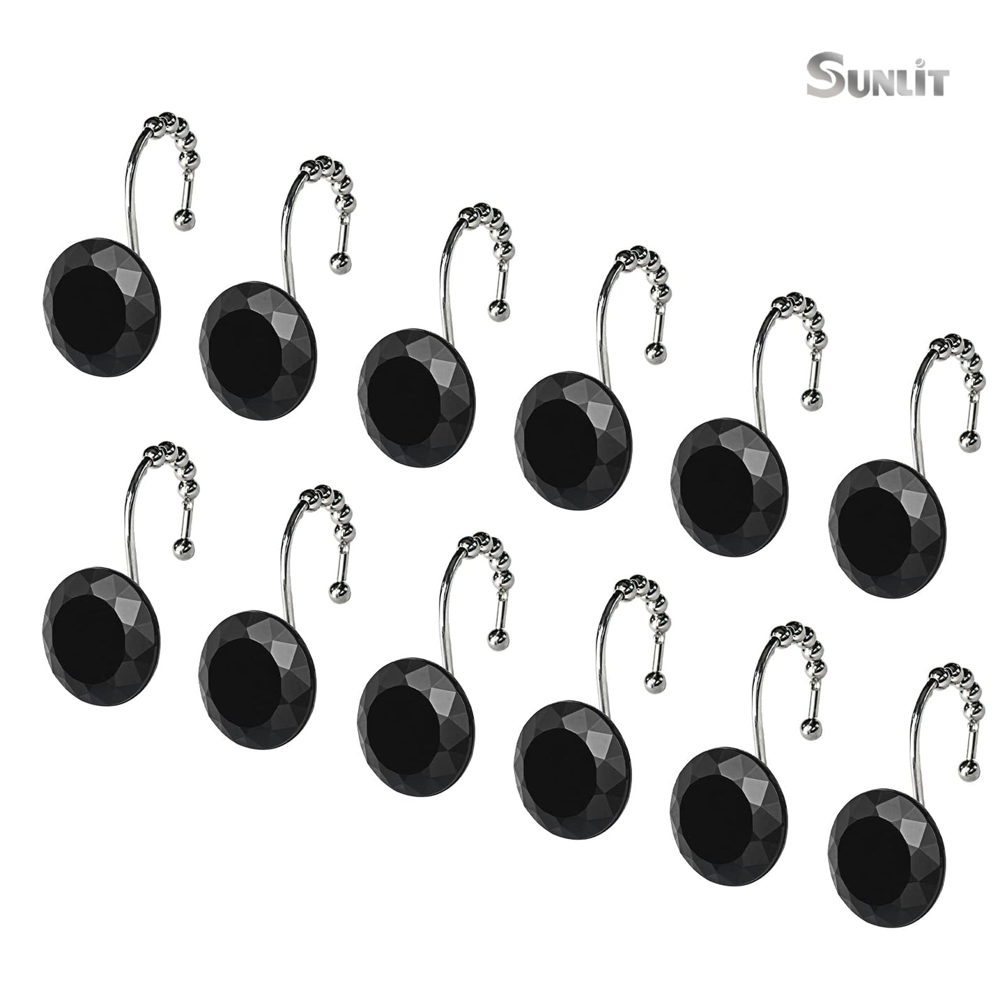 Sunlit Luxury Design Round Yellow Diamond Crystal Gem Bling with Glide Balls Shower Curtain Hooks, Rust Proof Metal Rhinestones Glam Shower Curtain Rings-12 Pack