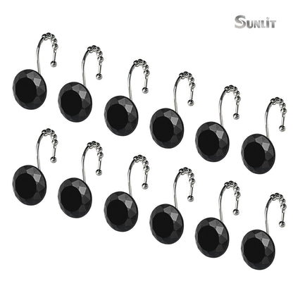 Sunlit Luxury Design Round Yellow Diamond Crystal Gem Bling with Glide Balls Shower Curtain Hooks, Rust Proof Metal Rhinestones Glam Shower Curtain Rings-12 Pack