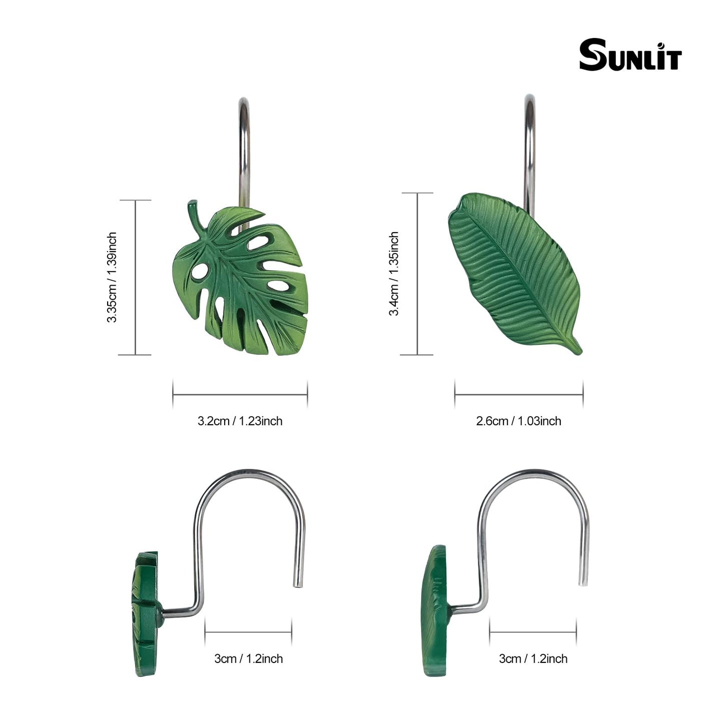Tropical Leaf Decorative Shower Curtain Hooks, Green Botanical Shower Curtain Rings with Black Hooks, Resin, Monstera Deliciosa Leaves Shower Curtain Hangers for Bathroom, Set of 12