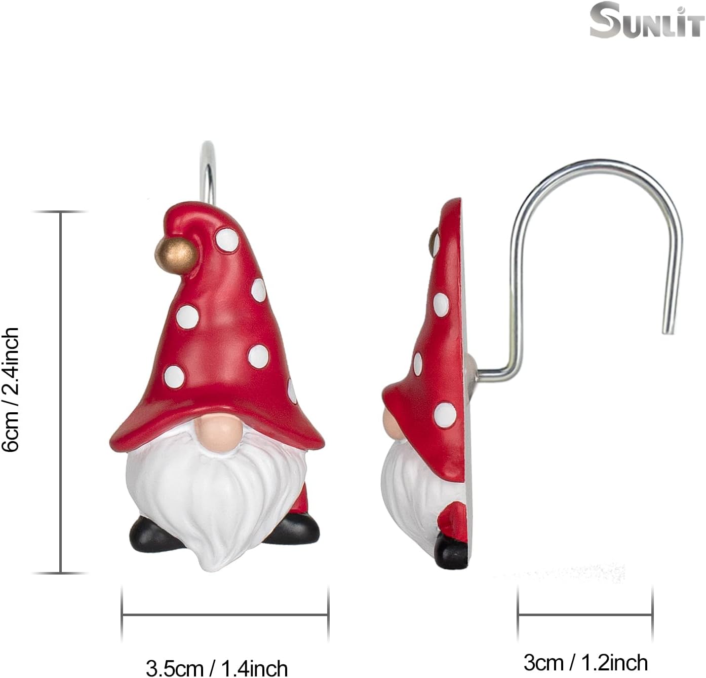 Sunlit Christmas Shower Curtain Hooks, Gnome Shower Curtain Rings, Hand Painted Resin Christmas Decor, Winter Bathroom Decoration, Red Hat with White Polka Dot, Set of 12