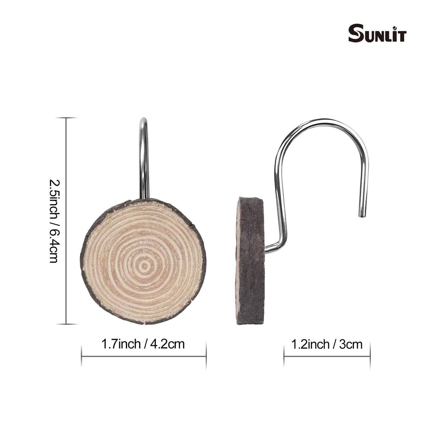 Sunlit Farmhouse Wooden Slices Shower Curtain Hooks, Rustic Home Decorative Shower Curtain Rings with Black Hooks for Bathroom, Resin Shower Curtain Hangers Bathroom Accessories, Set of 12
