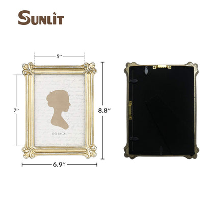 Sunlit Small Vintage Picture Frame 2.5x3.5 Inch, Antique Mini Photo Frames with Glass Front, Luxury Wallet Size Picture Frames, Photo Display Tabletop Wall Hanging Gift Ideas, Slivery Light Gold