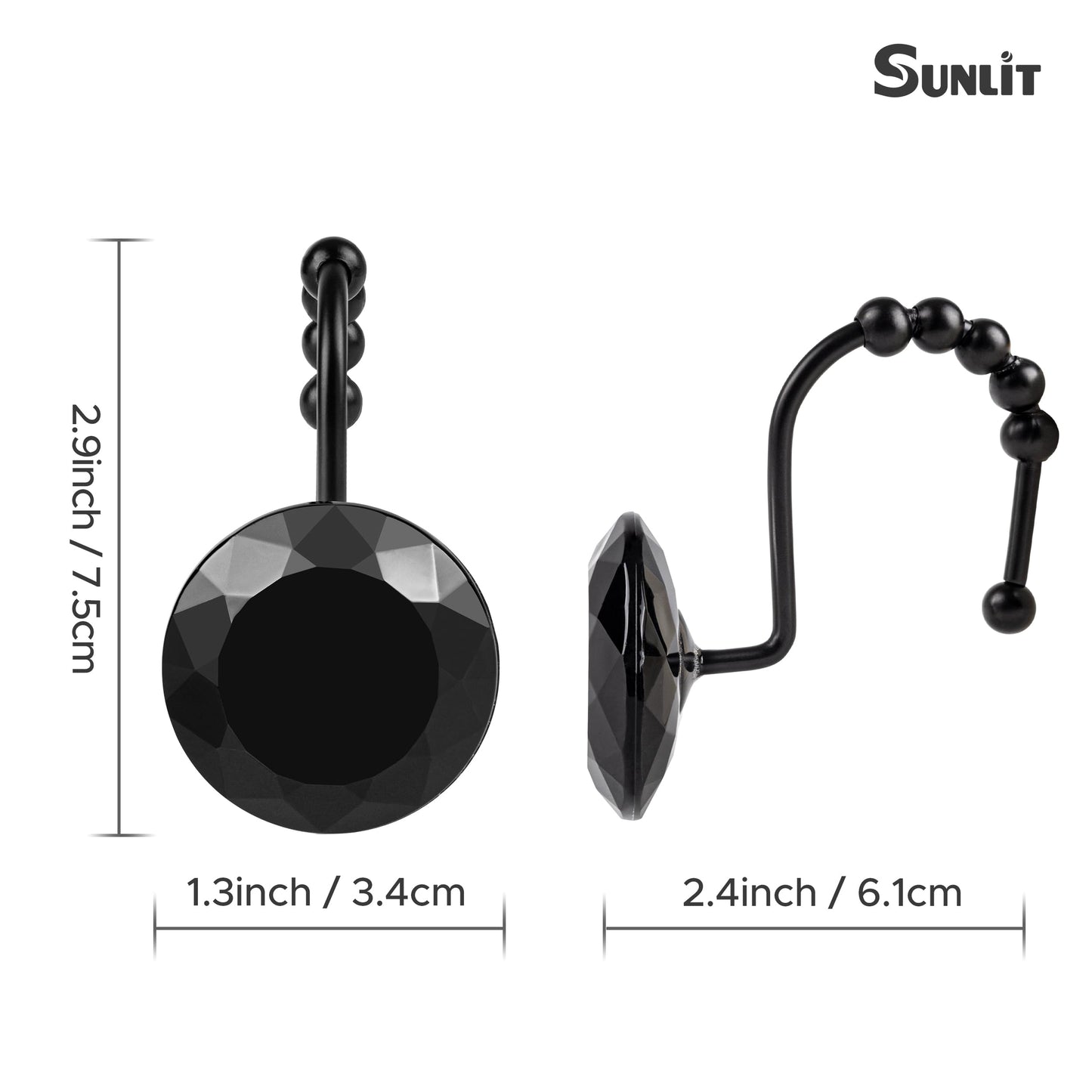 Sunlit Luxury Design Round Yellow Diamond Crystal Gem Bling with Glide Balls Shower Curtain Hooks, Rust Proof Metal Rhinestones Glam Shower Curtain Rings-12 Pack