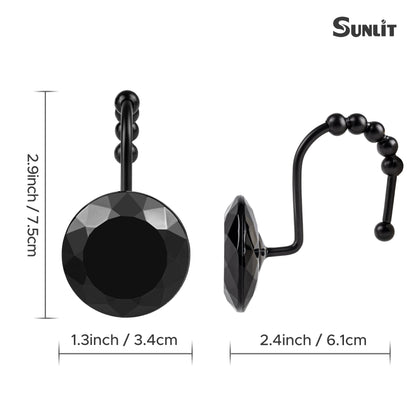 Sunlit Luxury Design Round Yellow Diamond Crystal Gem Bling with Glide Balls Shower Curtain Hooks, Rust Proof Metal Rhinestones Glam Shower Curtain Rings-12 Pack