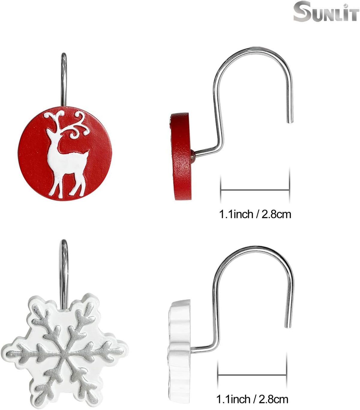 Sunlit Christmas Shower Curtain Hooks Winter Decorative Shower Curtain Rings, Silver Snowflakes and Reindeer, Resin, White Red Winter Bathroom Decoration - 12 Pack