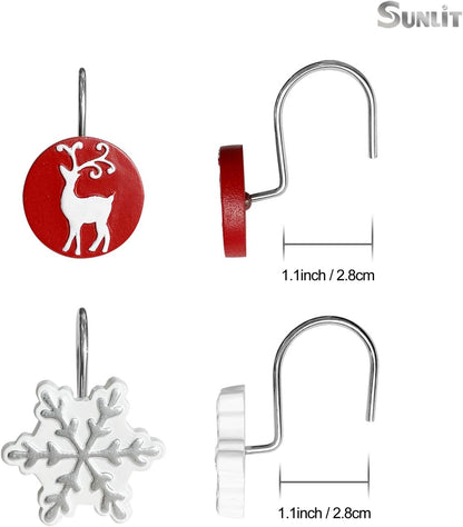 Sunlit Christmas Shower Curtain Hooks Winter Decorative Shower Curtain Rings, Silver Snowflakes and Reindeer, Resin, White Red Winter Bathroom Decoration - 12 Pack