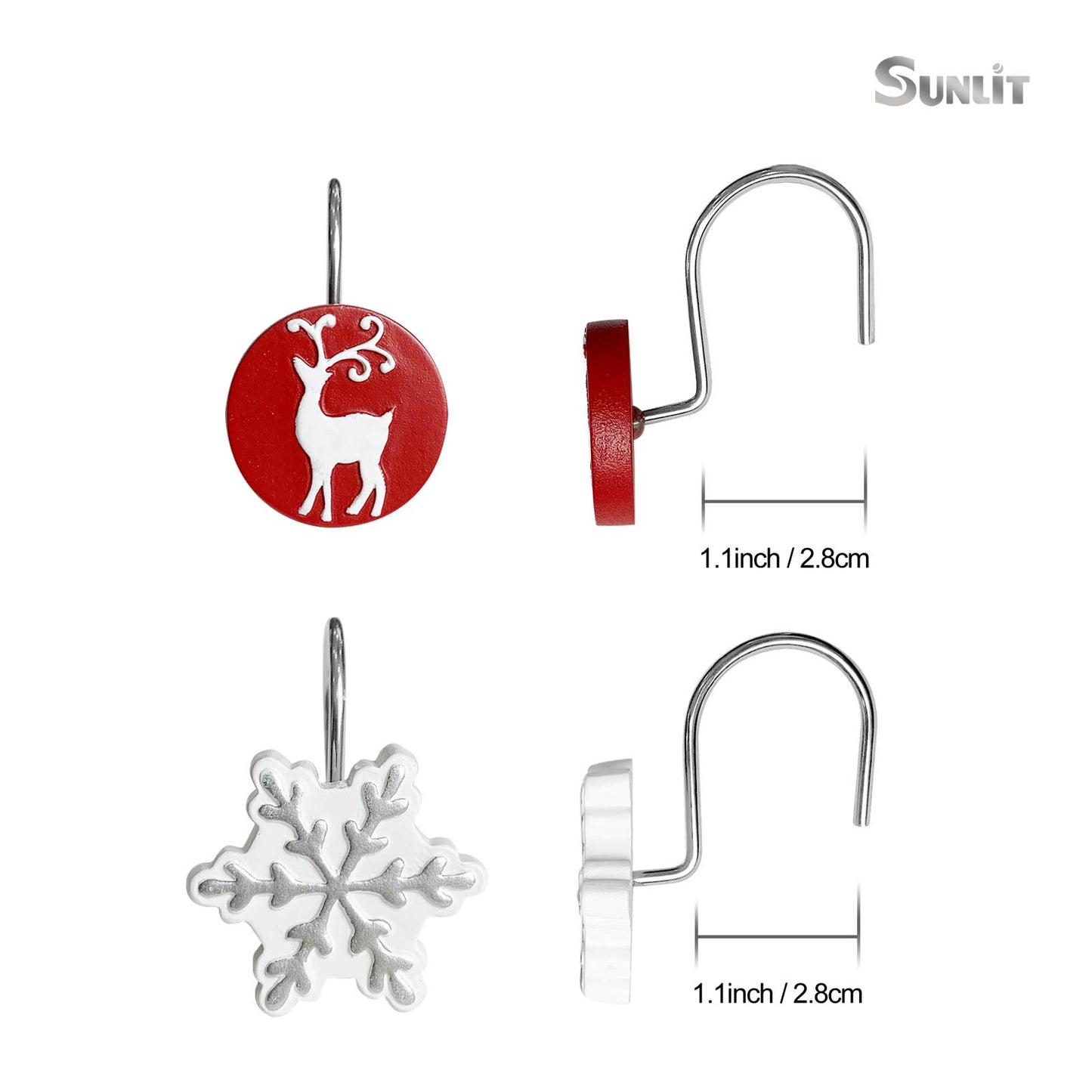 Sunlit Merry Christmas Shower Curtain Hooks White Reindeer Red Shower Curtain Rings, Resin, Winter Bathroom Decoration - 12 Pack