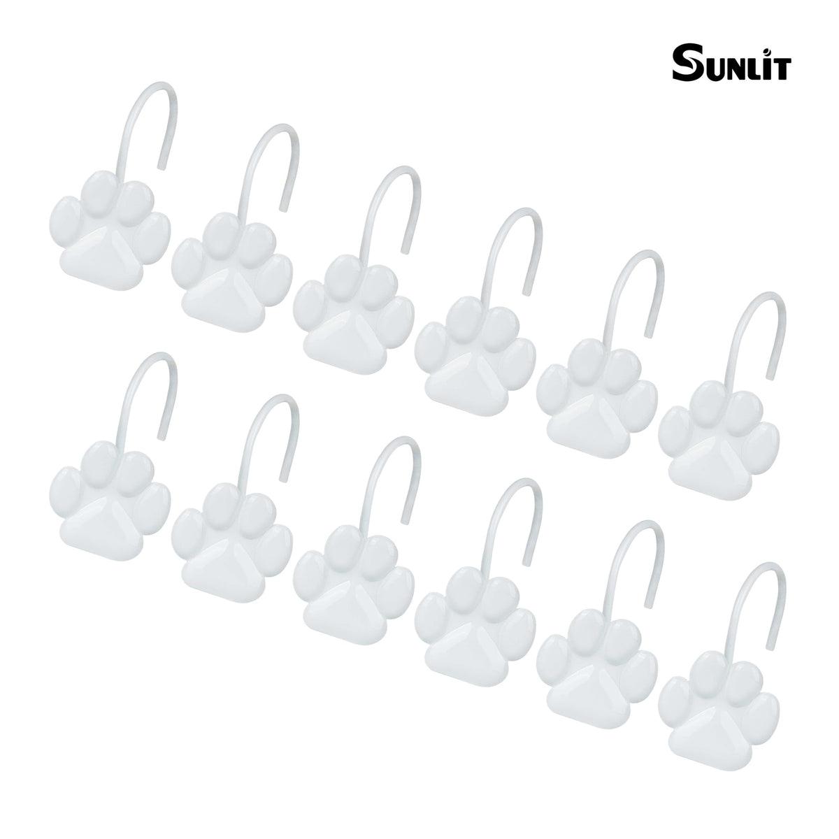Sunlit Fashion Design Cute Paw Print Polished Double Shower Curtain Hooks for Dog Cat and Bear, Rust Proof Oil Metal Shower Curtain Rings, Black-12 Pack