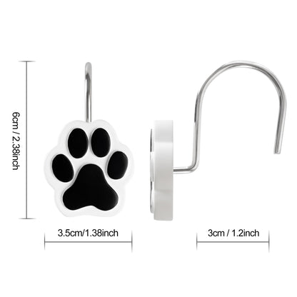 Sunlit Cute Paw Print Decorative Shower Curtain Hooks for Dog Cat Bear, Resin, Lovely Shower Curtain Rings with Black Hooks for Kids, Bathroom Decoration Curtain Hangers, 12 Pack, Black and White