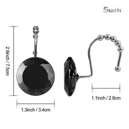 Sunlit Luxury Design Round Yellow Diamond Crystal Gem Bling with Glide Balls Shower Curtain Hooks, Rust Proof Metal Rhinestones Glam Shower Curtain Rings-12 Pack