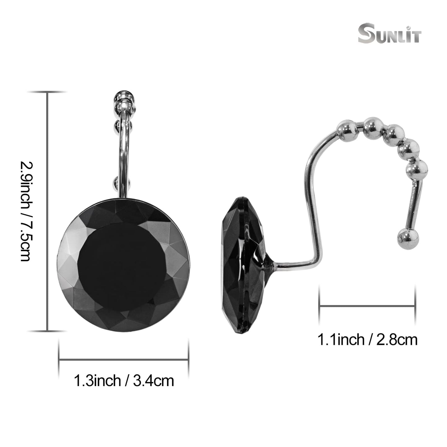 Sunlit Luxury Design Round Clear Diamond Crystal Gem Bling with Glide Balls Double Shower Curtain Hooks, Rust Proof Metal Rhinestones Glam Shower Curtain Rings-12 Pack