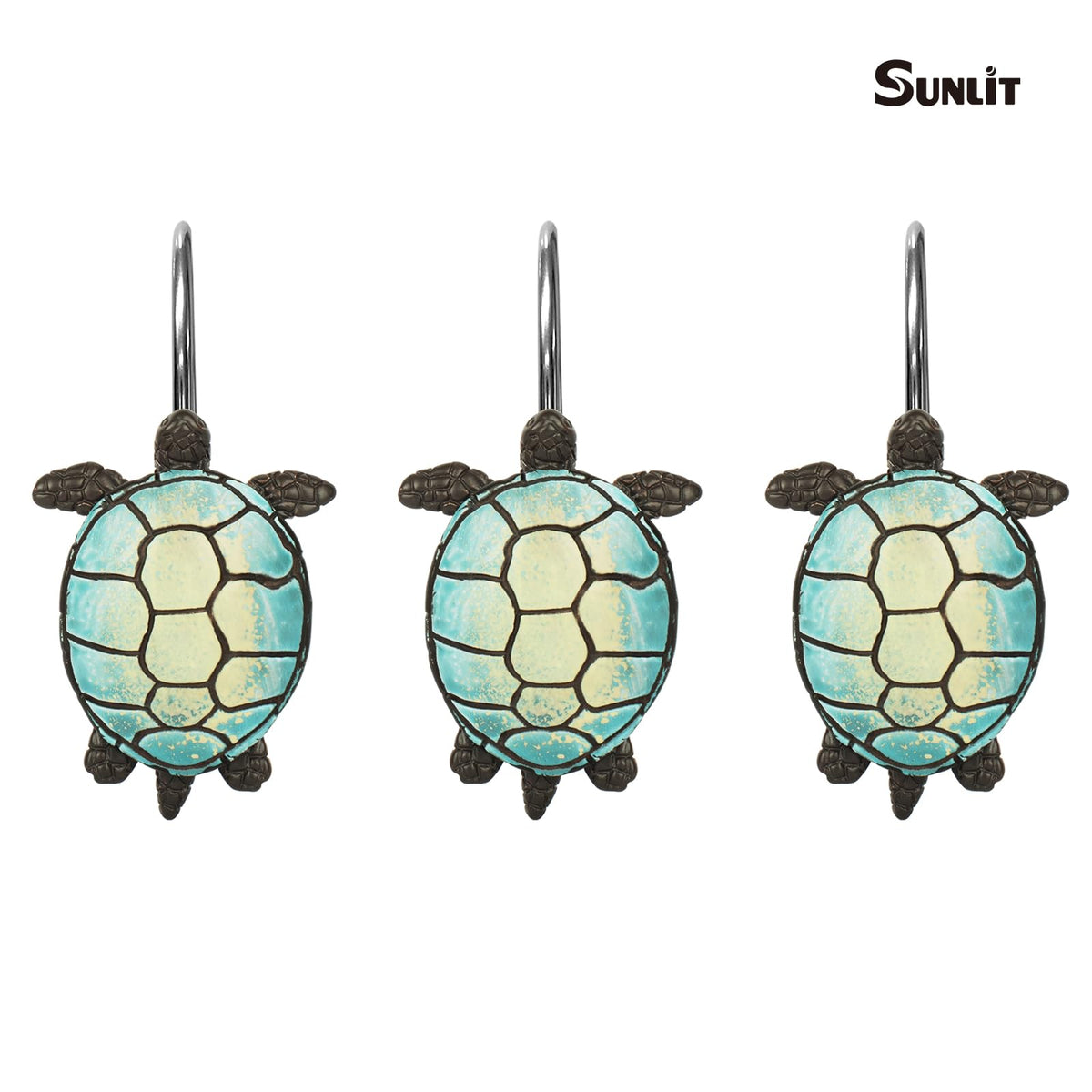 Sunlit Tilt Sea Turtle Shower Curtain Hooks, Home Decorative Shower Curtain Rings with Black Hooks for Bathroom, Resin, Ocean Shower Curtain Hanger Hooks for Kid Room Living Room, Set of 12