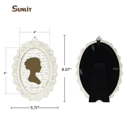 Sunlit Vintage Picture Frame 4x6 Inch, Oval Antique Photo Frames with Glass Front, Luxury Photo Display, Tabletop Wall Hanging, Gift Ideas, White