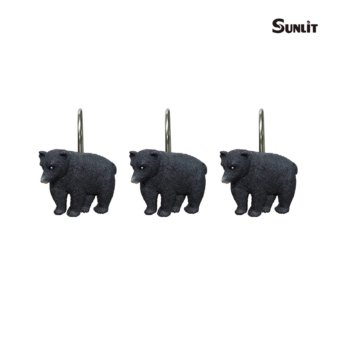 Sunlit Rustic Decorative Shower Curtain Hooks, Black Bear Shower Curtain Rings, Cabin Shower Curtain Hooks with Black Hooks, Resin, Farmhouse Bathroom Decoration, Set of 12