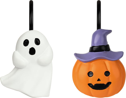 Sunlit Halloween Ghost and Pumpkin Shower Curtain Hooks Set of 12, Cute Jack O Lantern and White Ghost Curtain Rings for Bathroom, Spooky Decorative Bath Accessories